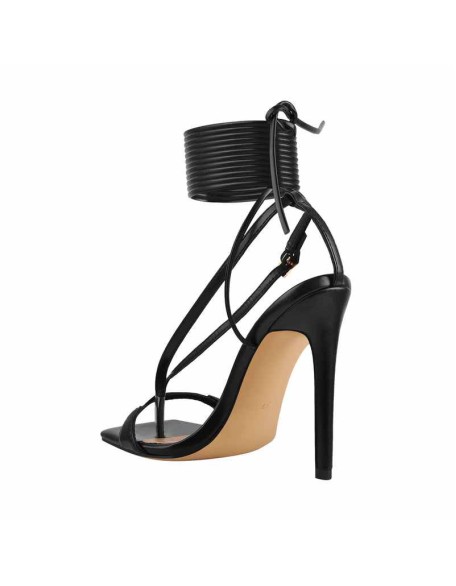 Square Toe Black Strap High Heel Stiletto Sandals