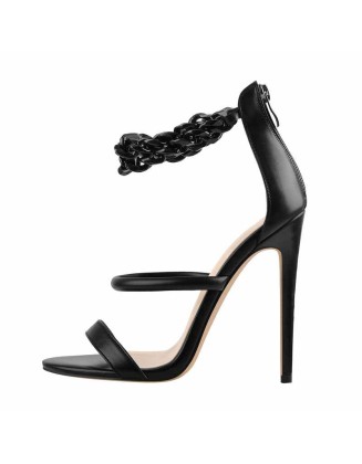 Round Toe Black Band Metal Chain Stiletto Sandals