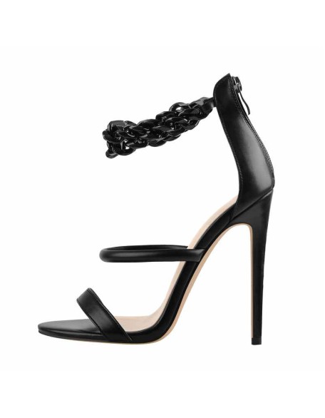Round Toe Black Band Metal Chain Stiletto Sandals