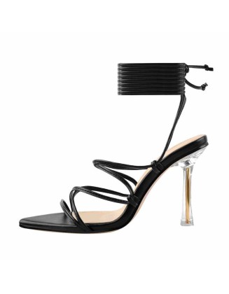 Pointed Toe Black Strap Clear Heel Stiletto Sandal
