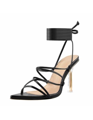 Pointed Toe Black Strap Clear Heel Stiletto Sandal