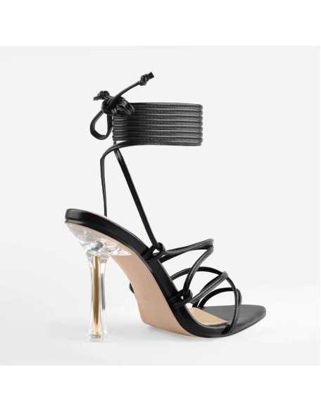 Pointed Toe Black Strap Clear Heel Stiletto Sandal