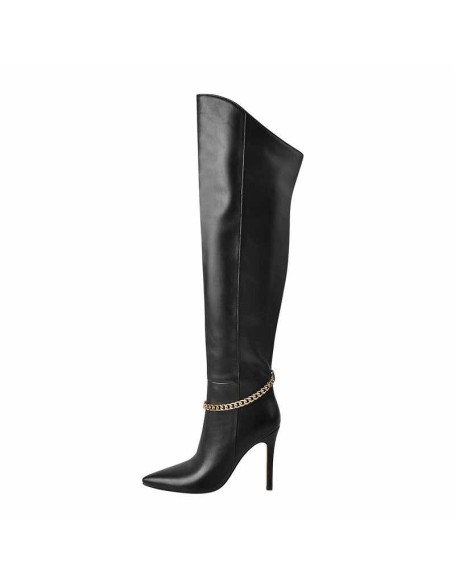 Pointed Toe Black Metal Chain Knee High Stiletto Boots