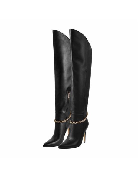 Pointed Toe Black Metal Chain Knee High Stiletto Boots