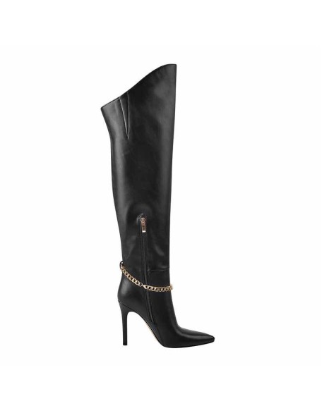 Pointed Toe Black Metal Chain Knee High Stiletto Boots