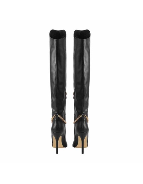 Pointed Toe Black Metal Chain Knee High Stiletto Boots