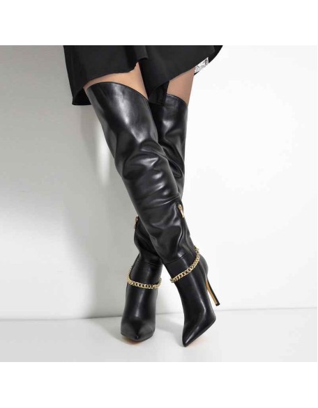 Pointed Toe Black Metal Chain Knee High Stiletto Boots
