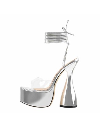 Silver Platform Ankle Strap High Heel Sandals