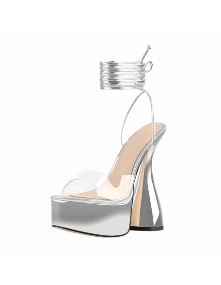 Silver Platform Ankle Strap High Heel Sandals