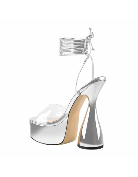 Silver Platform Ankle Strap High Heel Sandals