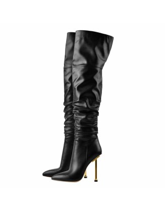 Pointed Toe Matte Black Knee High Metal Heels Stiletto Boots