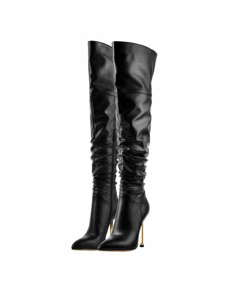 Pointed Toe Matte Black Knee High Metal Heels Stiletto Boots