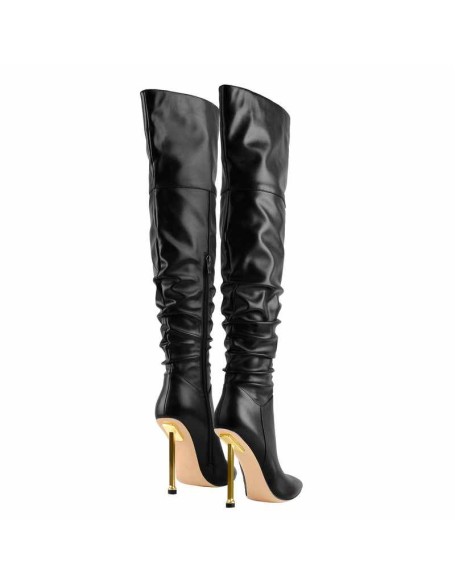 Pointed Toe Matte Black Knee High Metal Heels Stiletto Boots