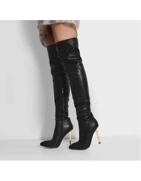 Pointed Toe Matte Black Knee High Metal Heels Stiletto Boots