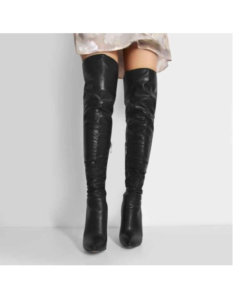 Pointed Toe Matte Black Knee High Metal Heels Stiletto Boots