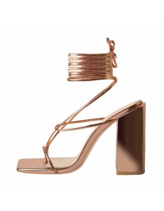 Rose Gold Ankle Strap Square Toe Chunky Heels Sandals
