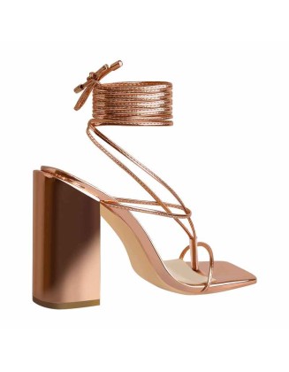 Rose Gold Ankle Strap Square Toe Chunky Heels Sandals