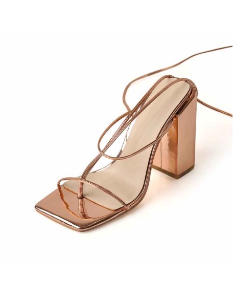 Rose Gold Ankle Strap Square Toe Chunky Heels Sandals