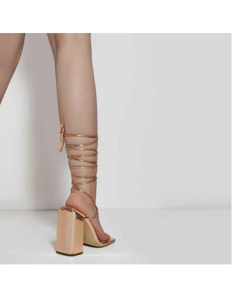 Rose Gold Ankle Strap Square Toe Chunky Heels Sandals