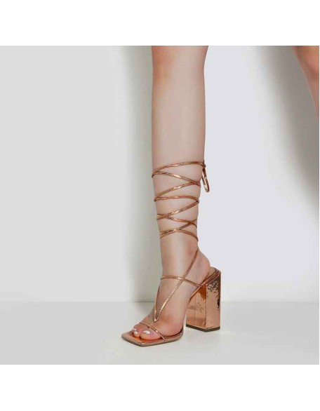 Rose Gold Ankle Strap Square Toe Chunky Heels Sandals