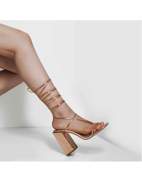 Rose Gold Ankle Strap Square Toe Chunky Heels Sandals