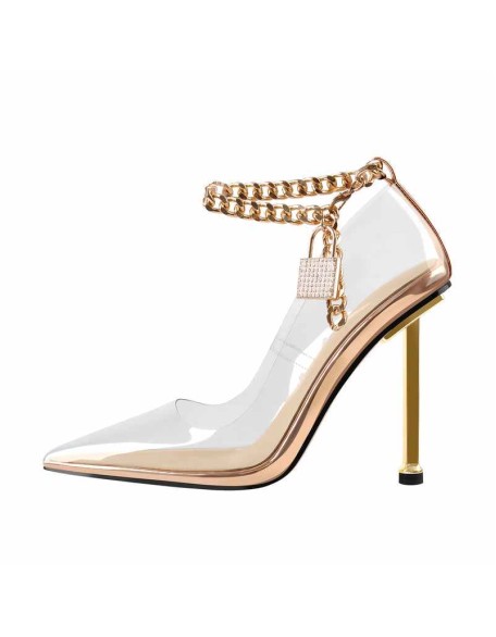 Clear Pointed Toe Metal Chain Lock High Metal Heels Stiletto Pumps