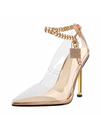 Clear Pointed Toe Metal Chain Lock High Metal Heels Stiletto Pumps