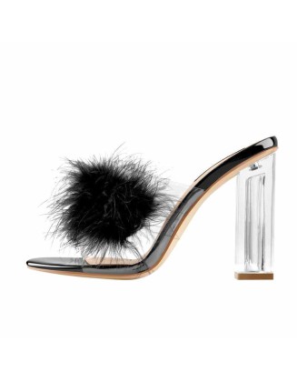 Black Feather Clear Chunky High Heel Sandals Mules
