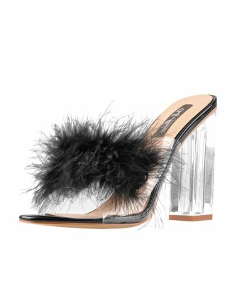Black Feather Clear Chunky High Heel Sandals Mules