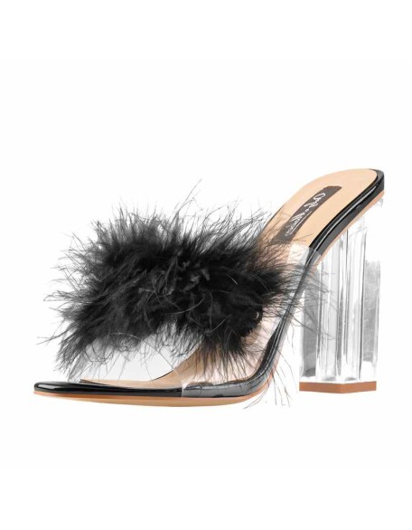 Black Feather Clear Chunky High Heel Sandals Mules