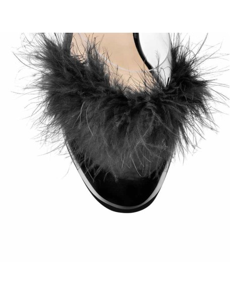 Black Feather Clear Chunky High Heel Sandals Mules