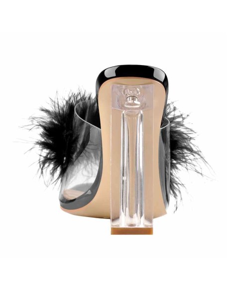 Black Feather Clear Chunky High Heel Sandals Mules