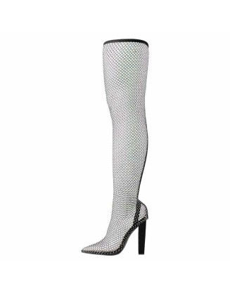 Rhinestone Black Grid Pointed Toe Chunky Heel Knee High Boots
