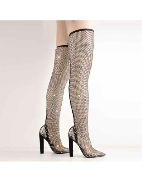 Rhinestone Black Grid Pointed Toe Chunky Heel Knee High Boots