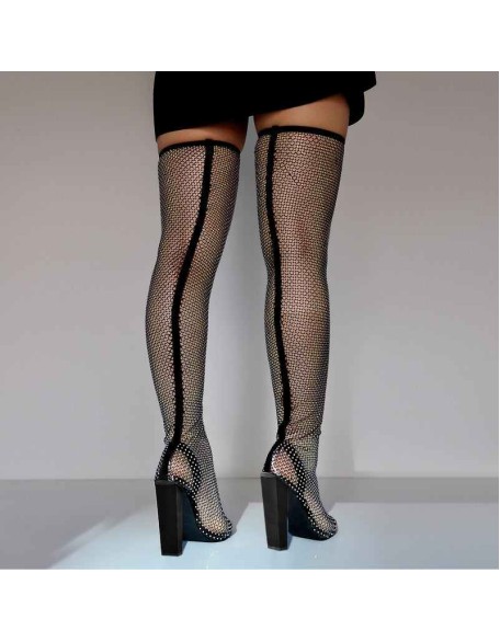 Rhinestone Black Grid Pointed Toe Chunky Heel Knee High Boots
