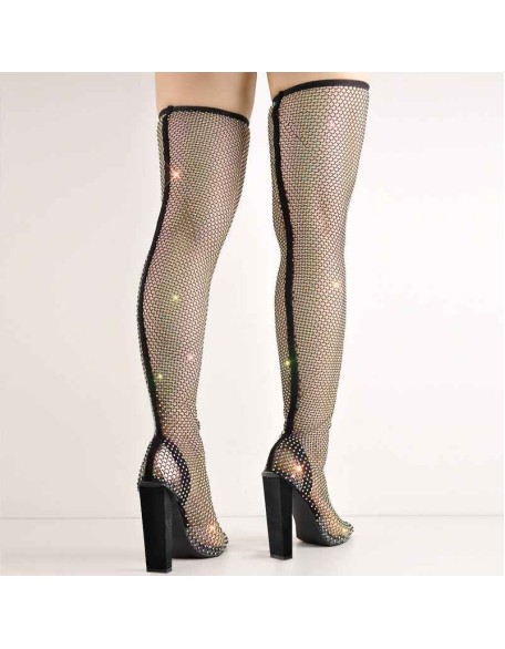 Rhinestone Black Grid Pointed Toe Chunky Heel Knee High Boots