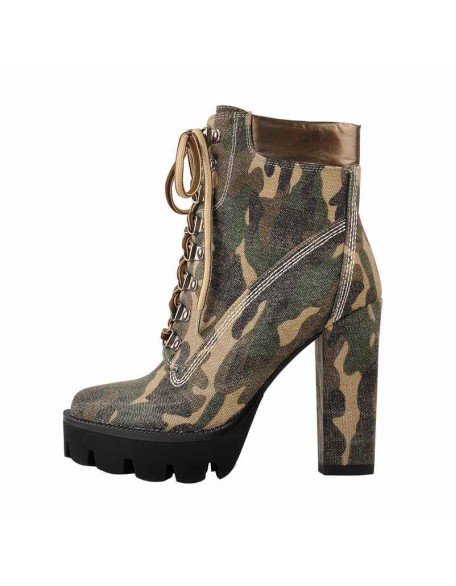 Camo Round Toe Platform Lace Chunky High Heels Ankle Boots