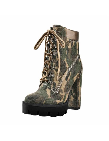 Camo Round Toe Platform Lace Chunky High Heels Ankle Boots