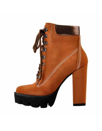 Brown Round Toe Platform Lace Chunky High Heels Ankle Boots