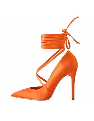 Orange Satin Strap High Heels Stiletto Pumps
