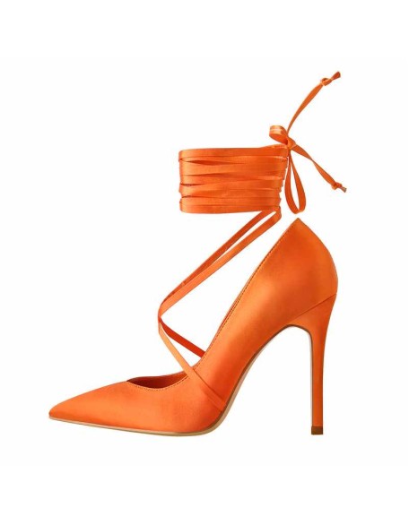 Orange Satin Strap High Heels Stiletto Pumps