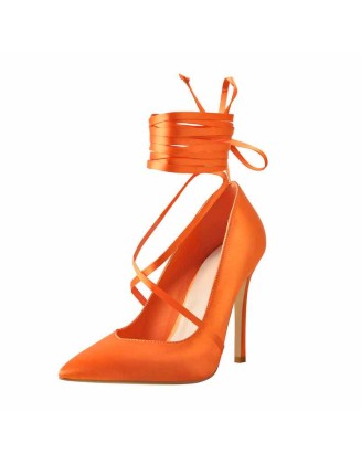 Orange Satin Strap High Heels Stiletto Pumps