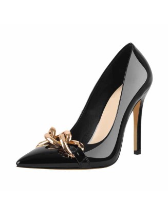 Black Metal Chain Pointed Toe Patent High Heels Stiletto Pumps