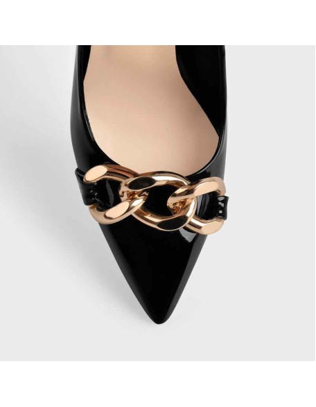 Black Metal Chain Pointed Toe Patent High Heels Stiletto Pumps