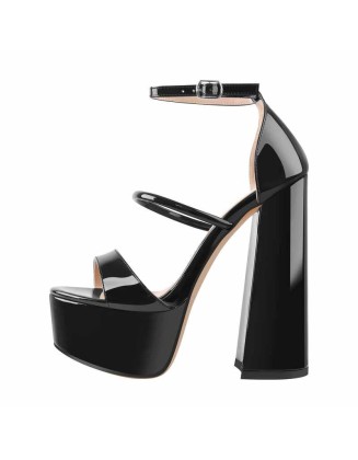 Open Toe Black Band Platform Chunky High Heels Sandals