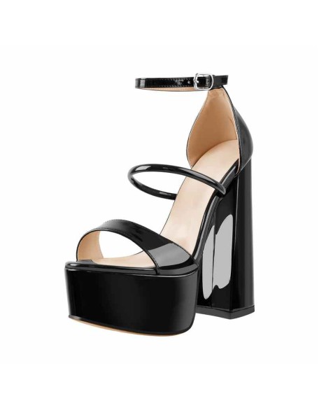 Open Toe Black Band Platform Chunky High Heels Sandals