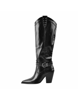 Black Pointed Toe Rivet Belt Cowboy Zipper Chunky Heels Boots