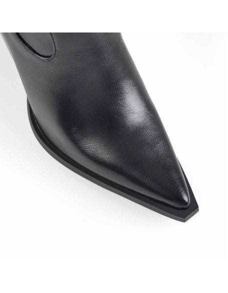 Black Pointed Toe Rivet Belt Cowboy Zipper Chunky Heels Boots