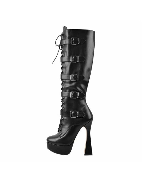Black Round Toe Platform Belt Lace Zipper High Heel Boots