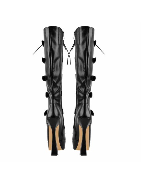 Black Round Toe Platform Belt Lace Zipper High Heel Boots